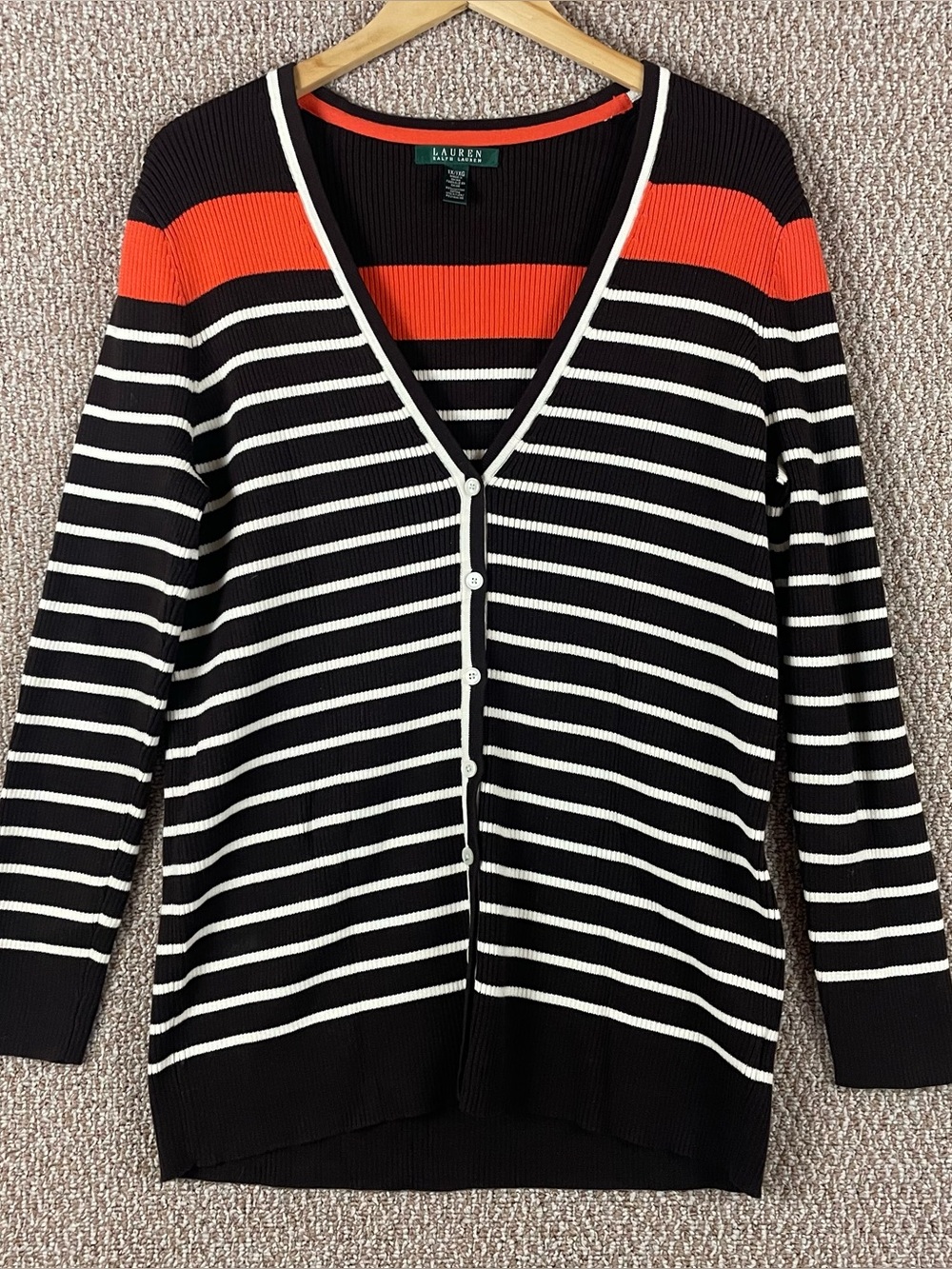 Ralph Lauren Cardigan Sweater Women’s 1X Striped Ribbed Brown Orange 277